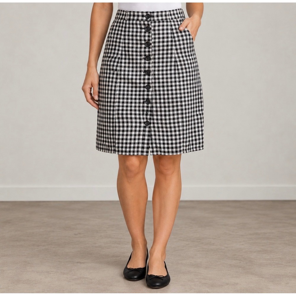 H&M Divided Gingham Button Front Skirt 6 Black White Good A-Line Mini